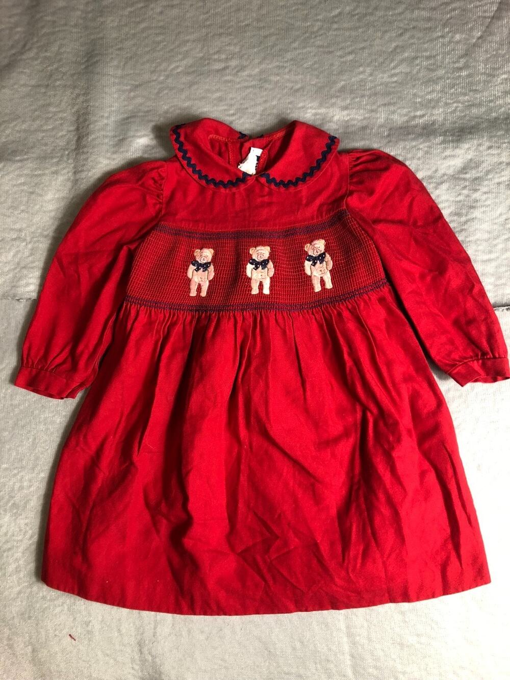 Jacadi Paris Girls Dress 2T Red Embroidered Teddy Bears Short Sleeve France